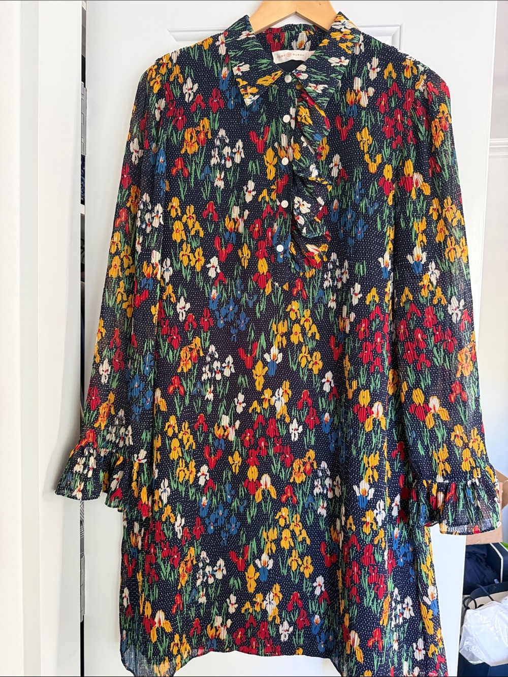 Tory Burch Navy Floral Ruffle Neck Blouse